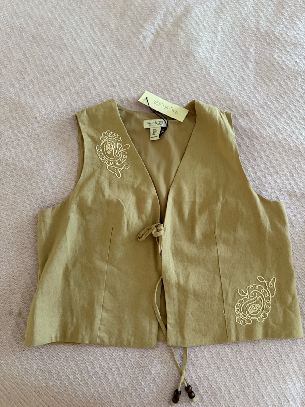 Rachel Zoe Olive Embroidered Tie-Front Linen Vest